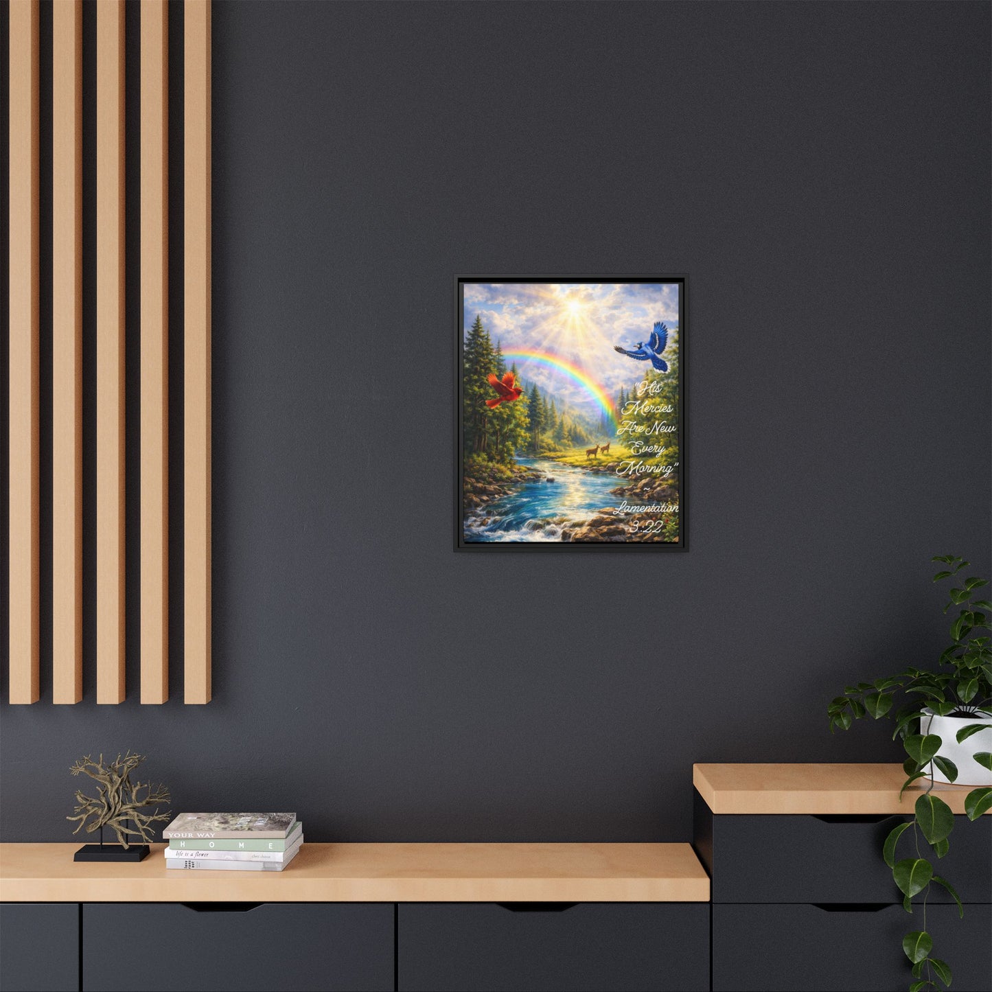 Framed Matte Canvas - 'His Mercies Are New Every Morning' Scenic Rainbow Christian Wall Art (Lamentations 3:22)
