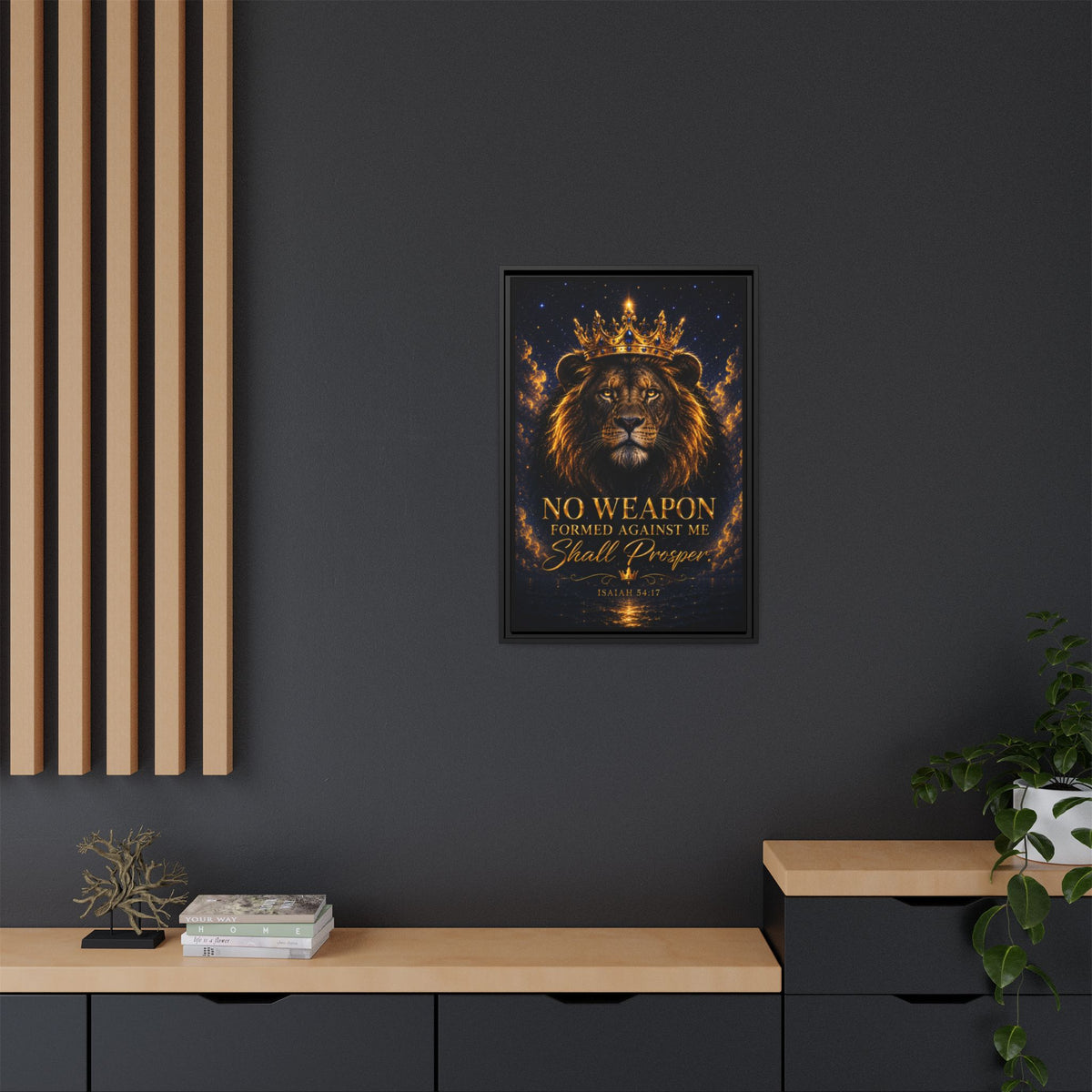 Lion Crown Canvas — “No Weapon Formed Against Me Shall Prosper” Framed Wall Art (Isaiah 54:17)