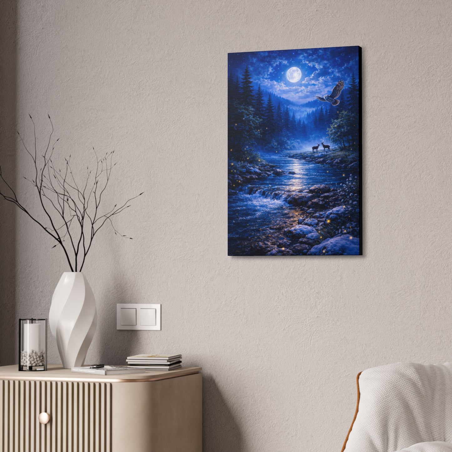Moonlit Forest Canvas Print – Owl & Deer Night River Wall Art