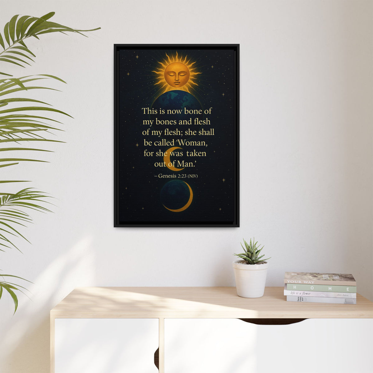 Sacred Wife Wall Art – Genesis 2:23 'She Shall Be Called Woman' Sun & Moon Bible Quote