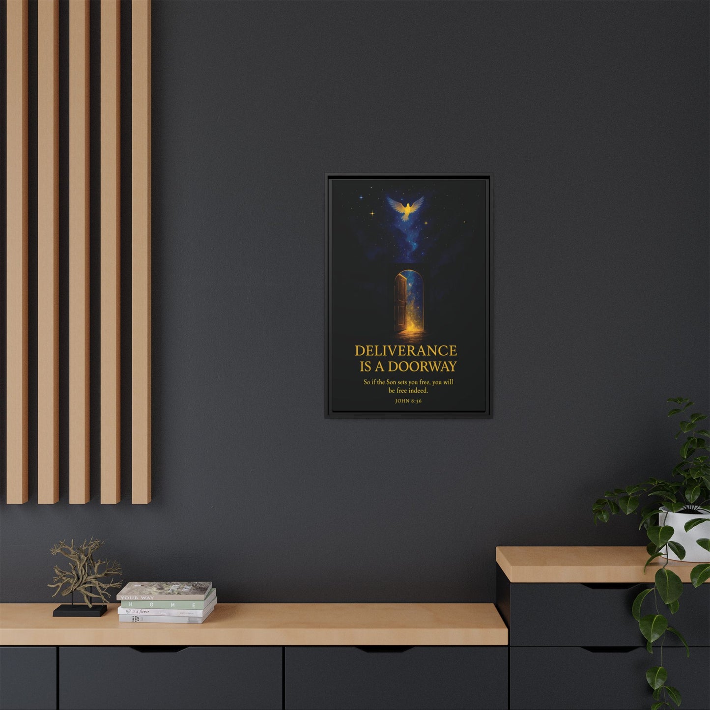 Deliverance Is a Doorway Framed Canvas — Religious Wall Art (John 8:36)