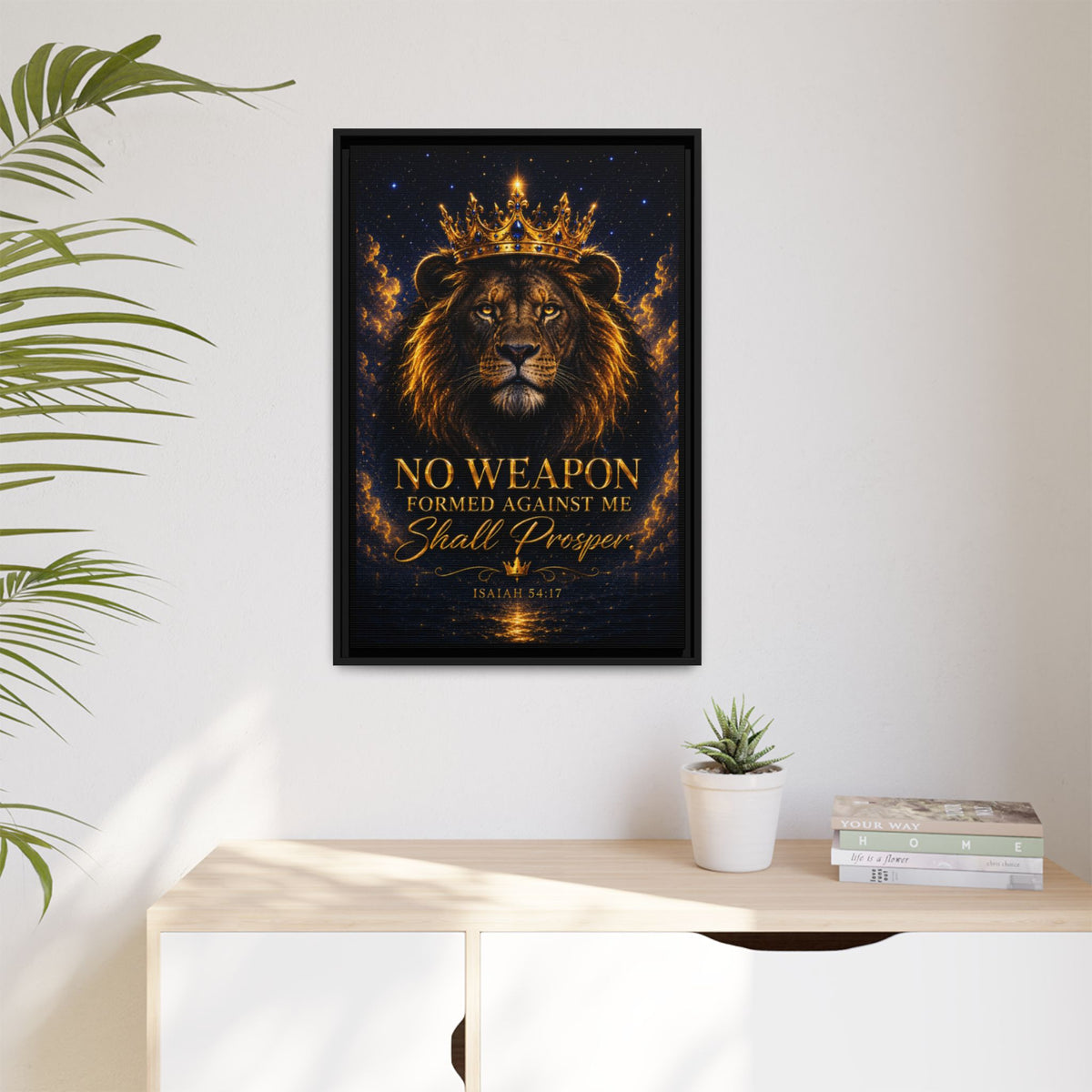 Lion Crown Canvas — “No Weapon Formed Against Me Shall Prosper” Framed Wall Art (Isaiah 54:17)