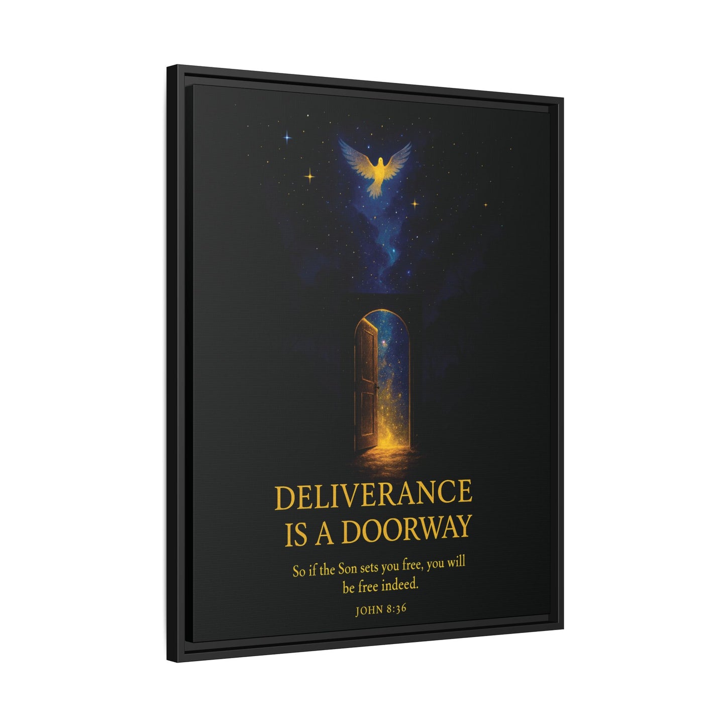 Deliverance Is a Doorway Framed Canvas — Religious Wall Art (John 8:36)