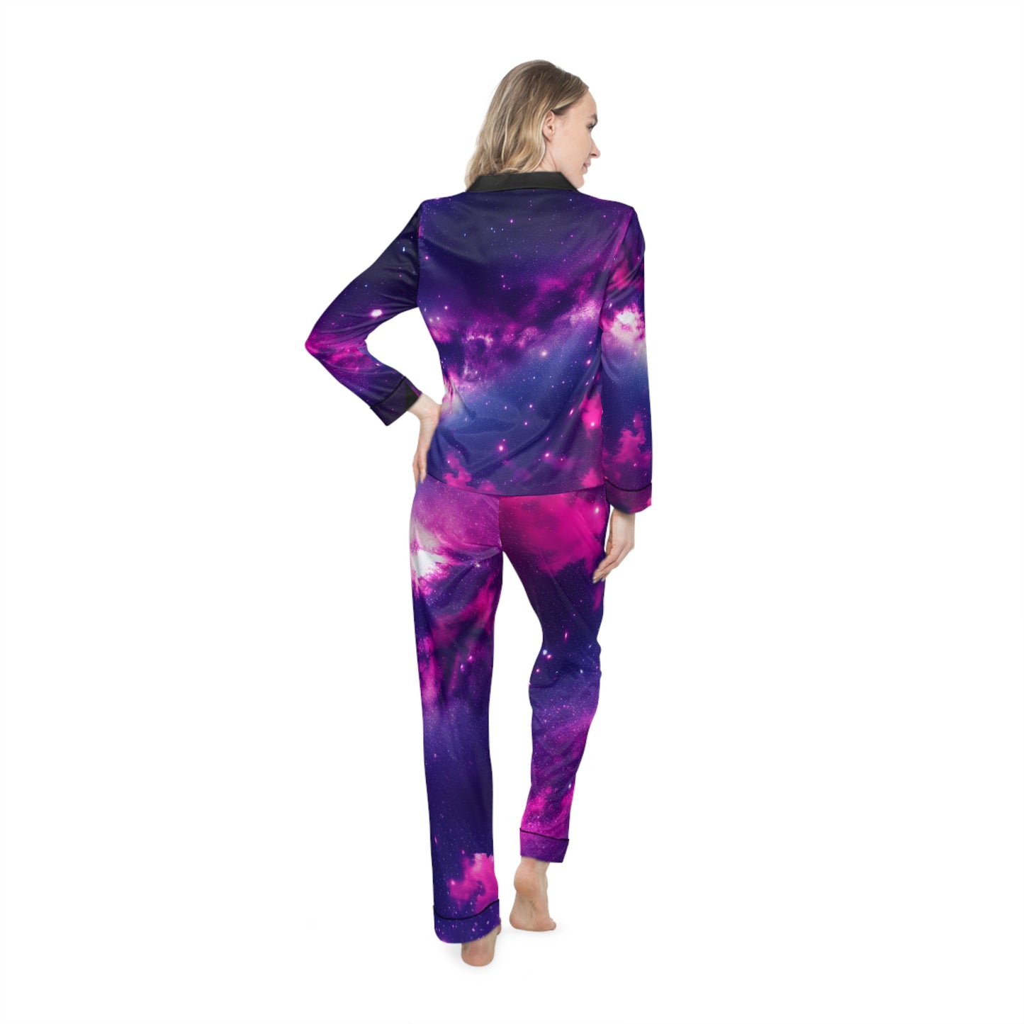 Cosmic Dream Women's Satin Pajamas - Galaxy Print Lounge Set