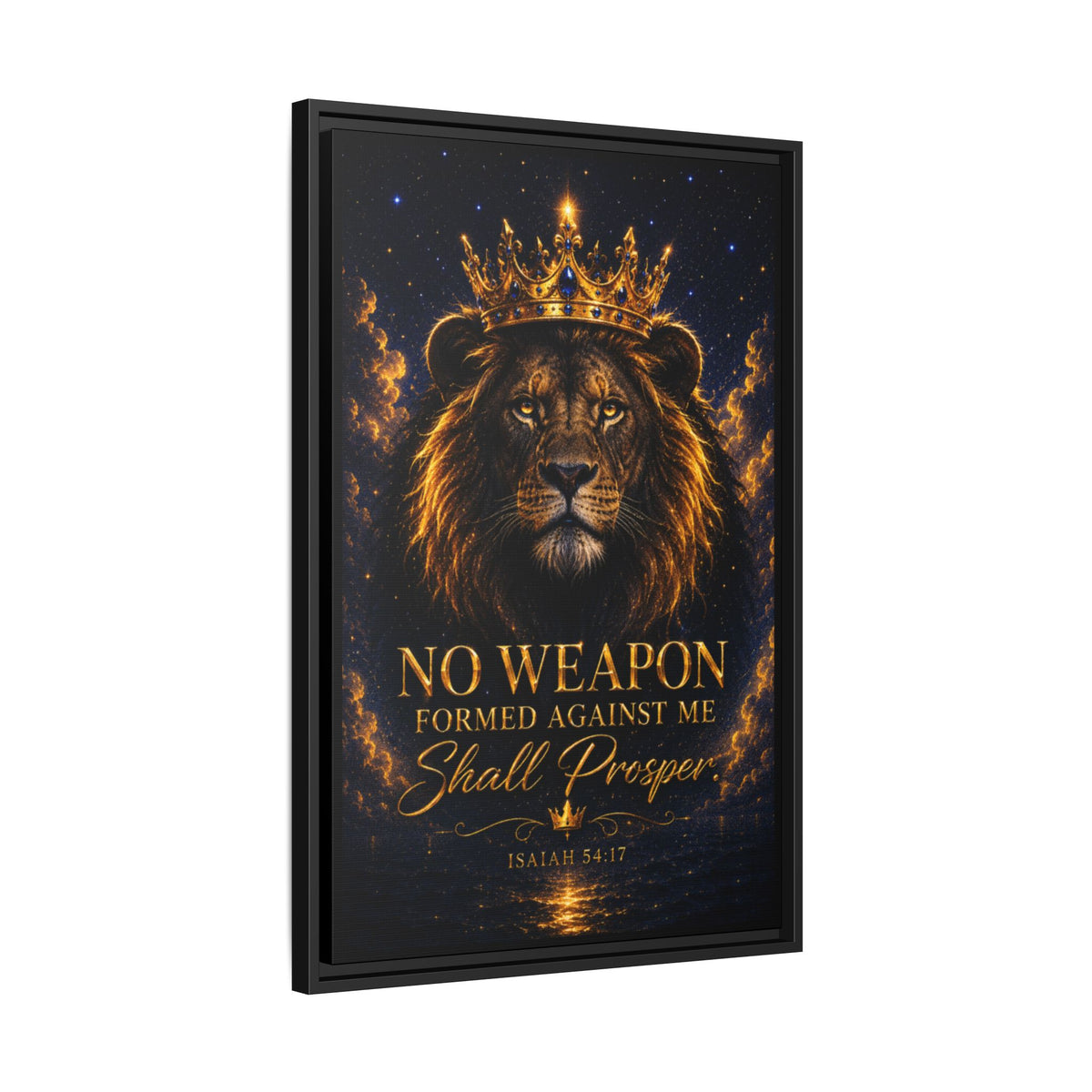 Lion Crown Canvas — “No Weapon Formed Against Me Shall Prosper” Framed Wall Art (Isaiah 54:17)
