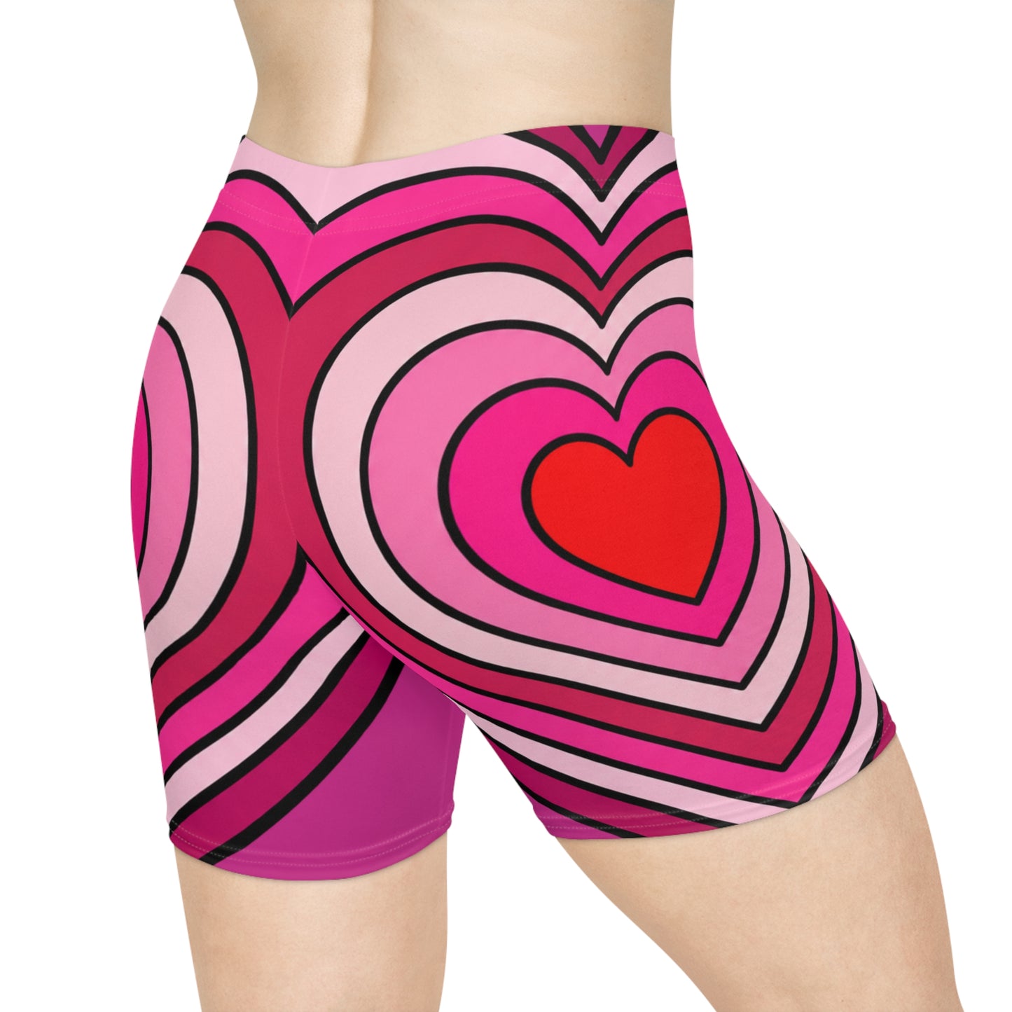 Heart-Striped Pink Biker Shorts — Retro Valentine Activewear