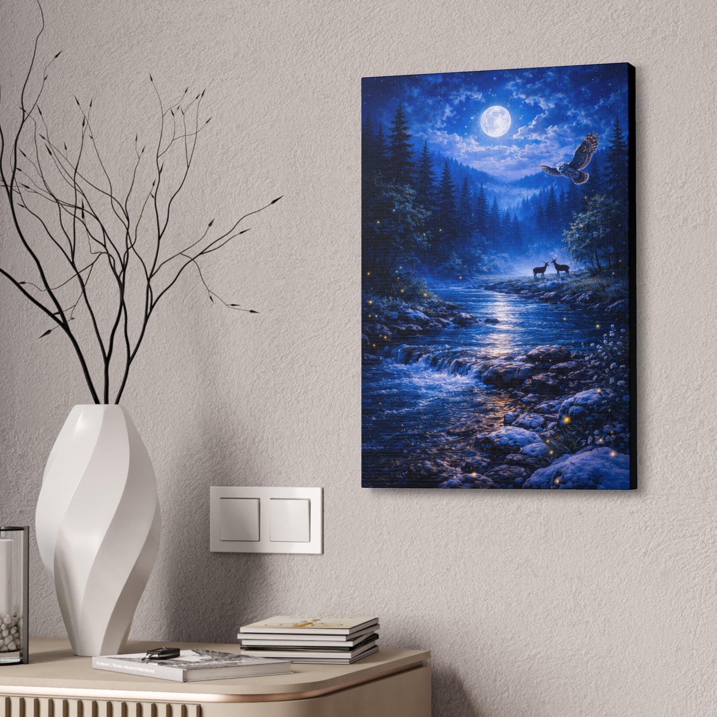 Moonlit Forest Canvas Print – Owl & Deer Night River Wall Art