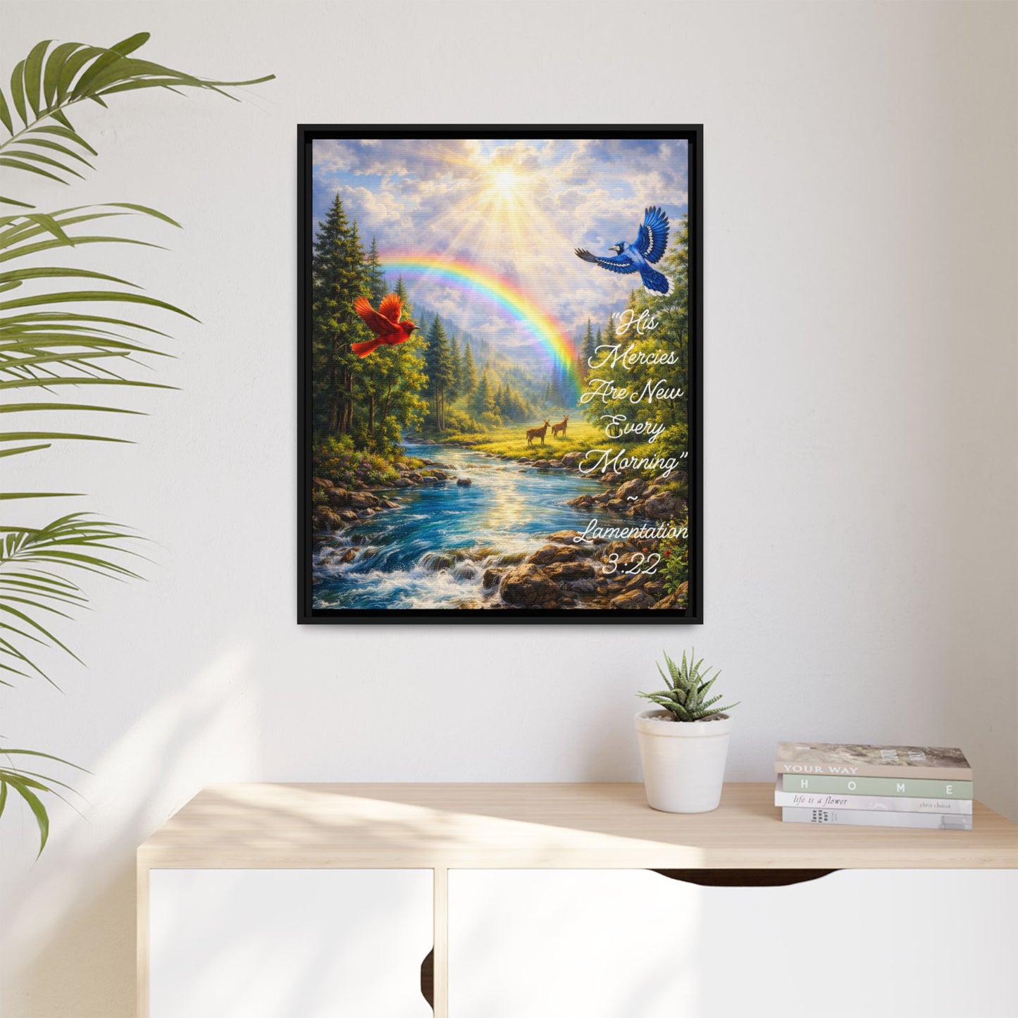 Framed Matte Canvas - 'His Mercies Are New Every Morning' Scenic Rainbow Christian Wall Art (Lamentations 3:22)