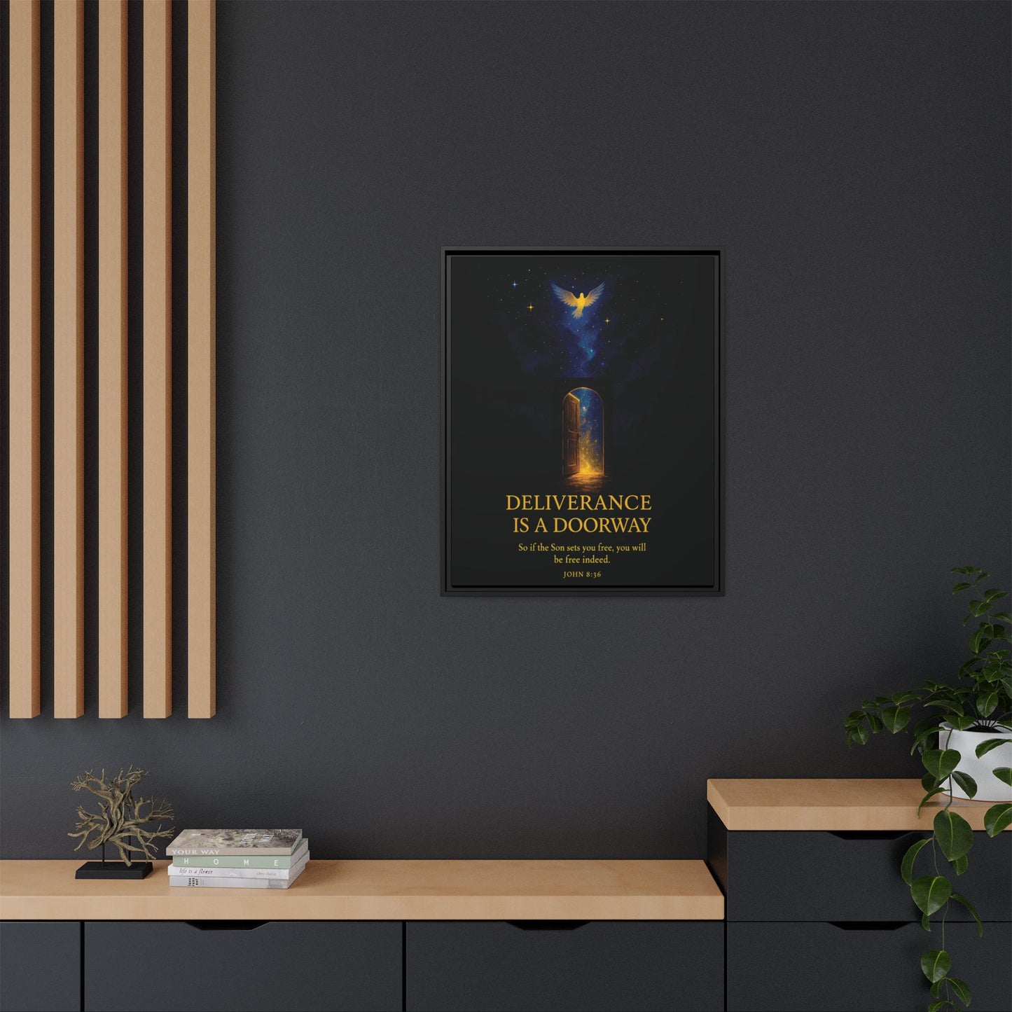 Deliverance Is a Doorway Framed Canvas — Religious Wall Art (John 8:36)