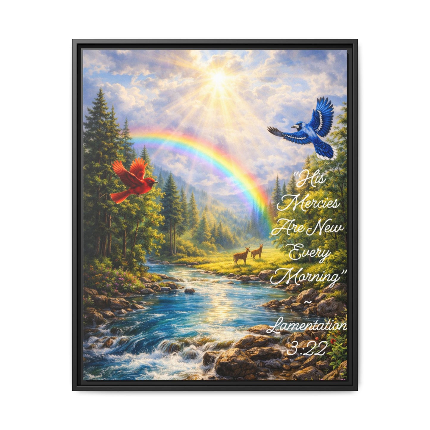 Framed Matte Canvas - 'His Mercies Are New Every Morning' Scenic Rainbow Christian Wall Art (Lamentations 3:22)
