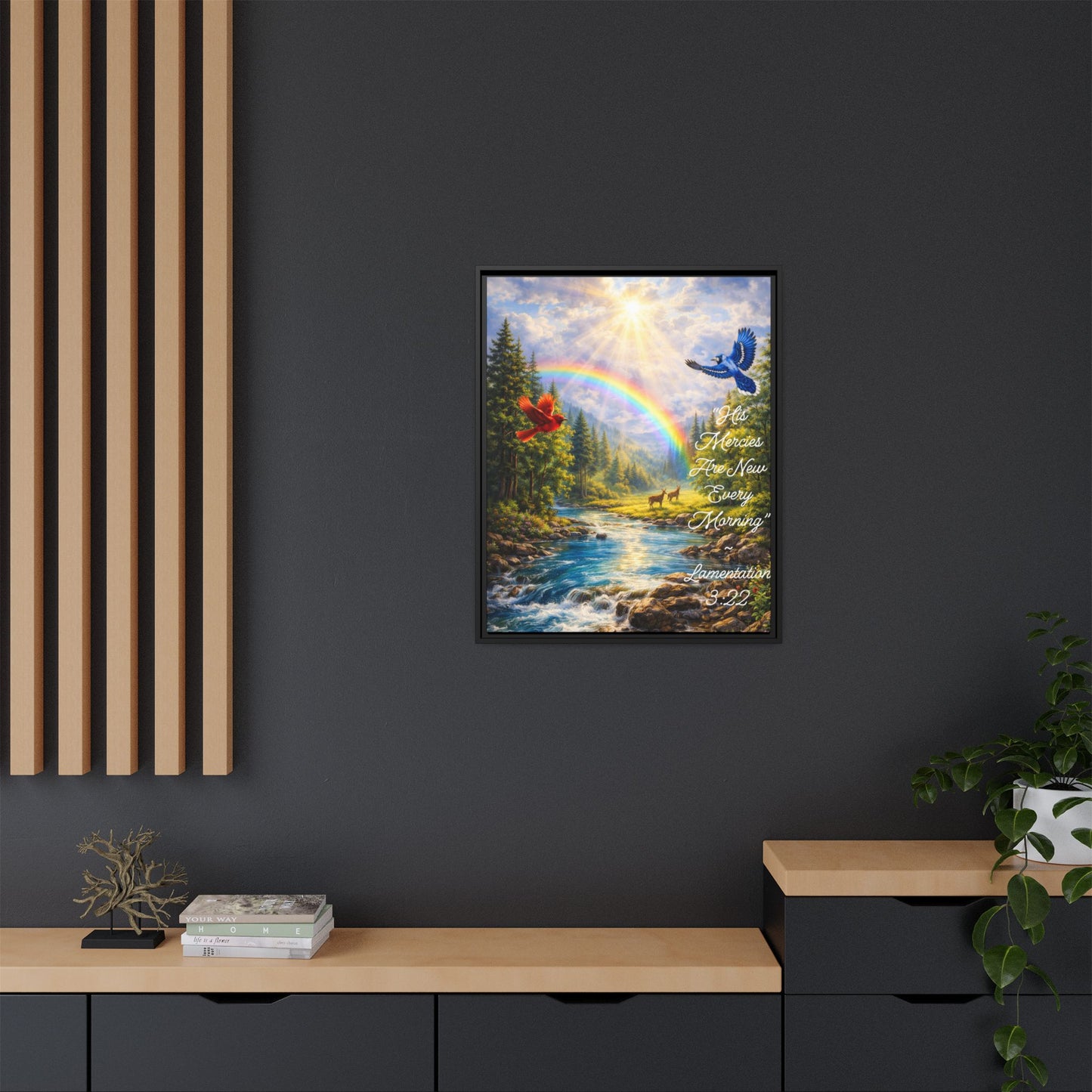 Framed Matte Canvas - 'His Mercies Are New Every Morning' Scenic Rainbow Christian Wall Art (Lamentations 3:22)