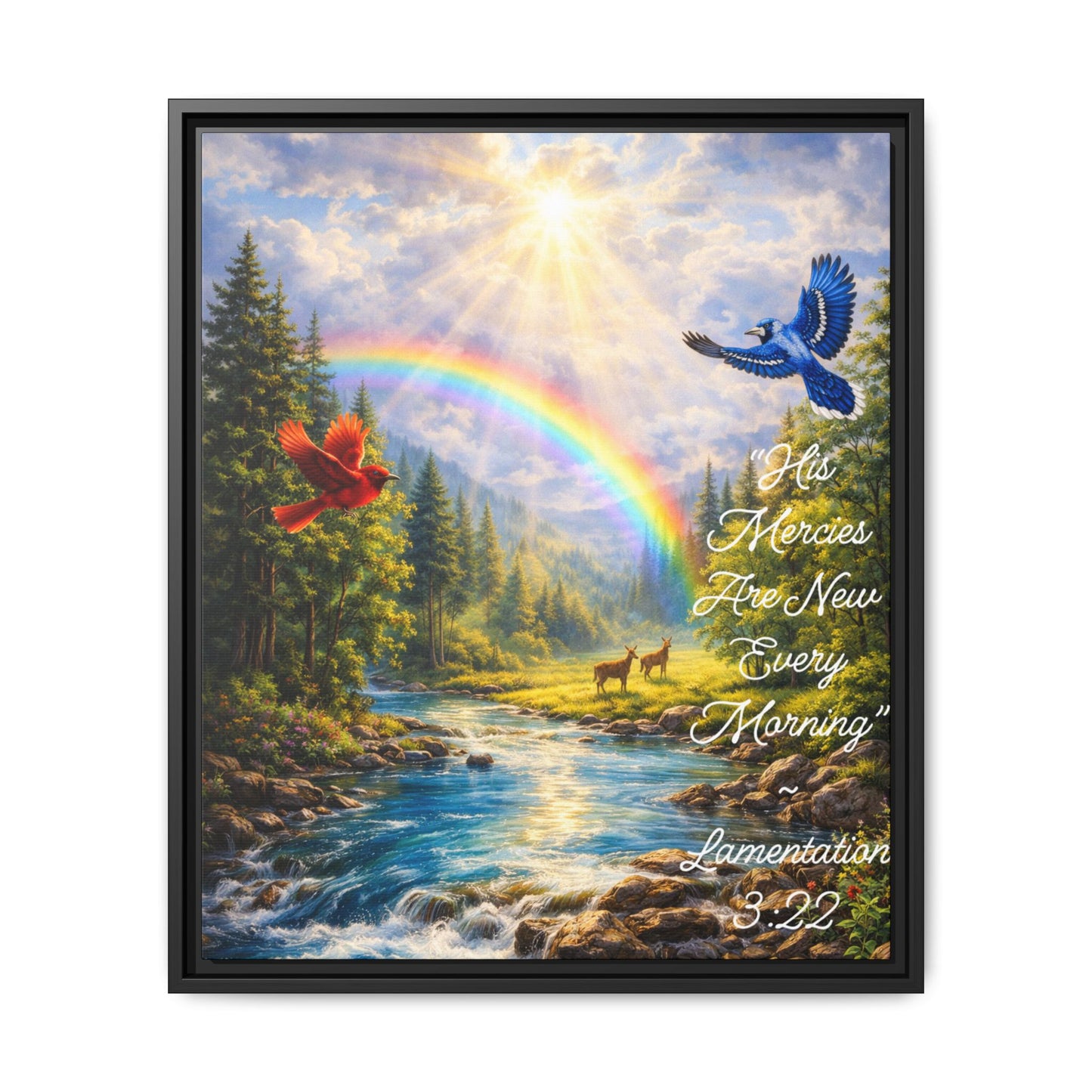 Framed Matte Canvas - 'His Mercies Are New Every Morning' Scenic Rainbow Christian Wall Art (Lamentations 3:22)