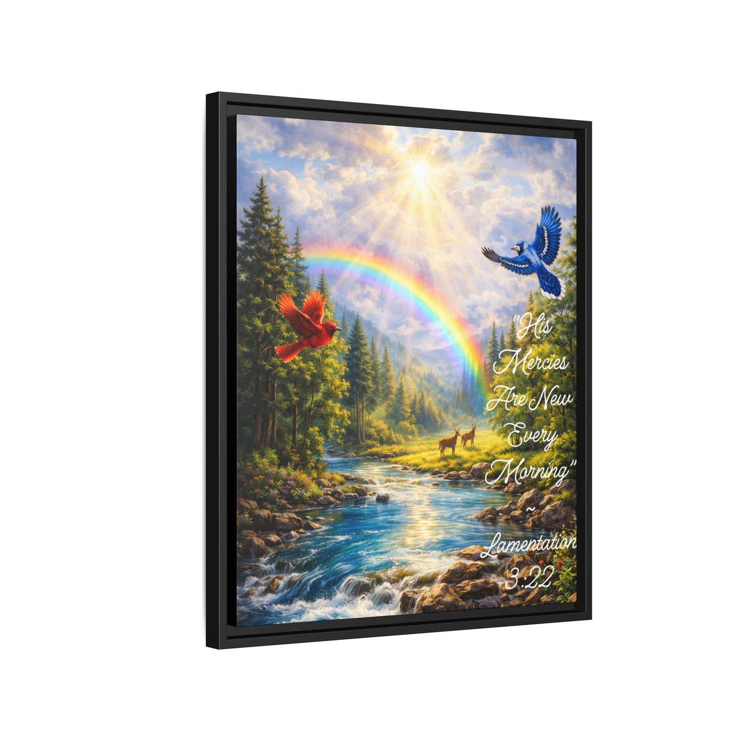 Framed Matte Canvas - 'His Mercies Are New Every Morning' Scenic Rainbow Christian Wall Art (Lamentations 3:22)