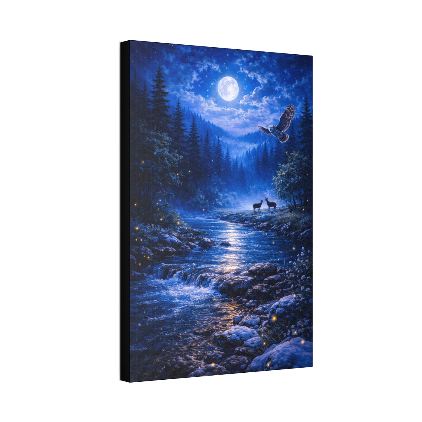 Moonlit Forest Canvas Print – Owl & Deer Night River Wall Art