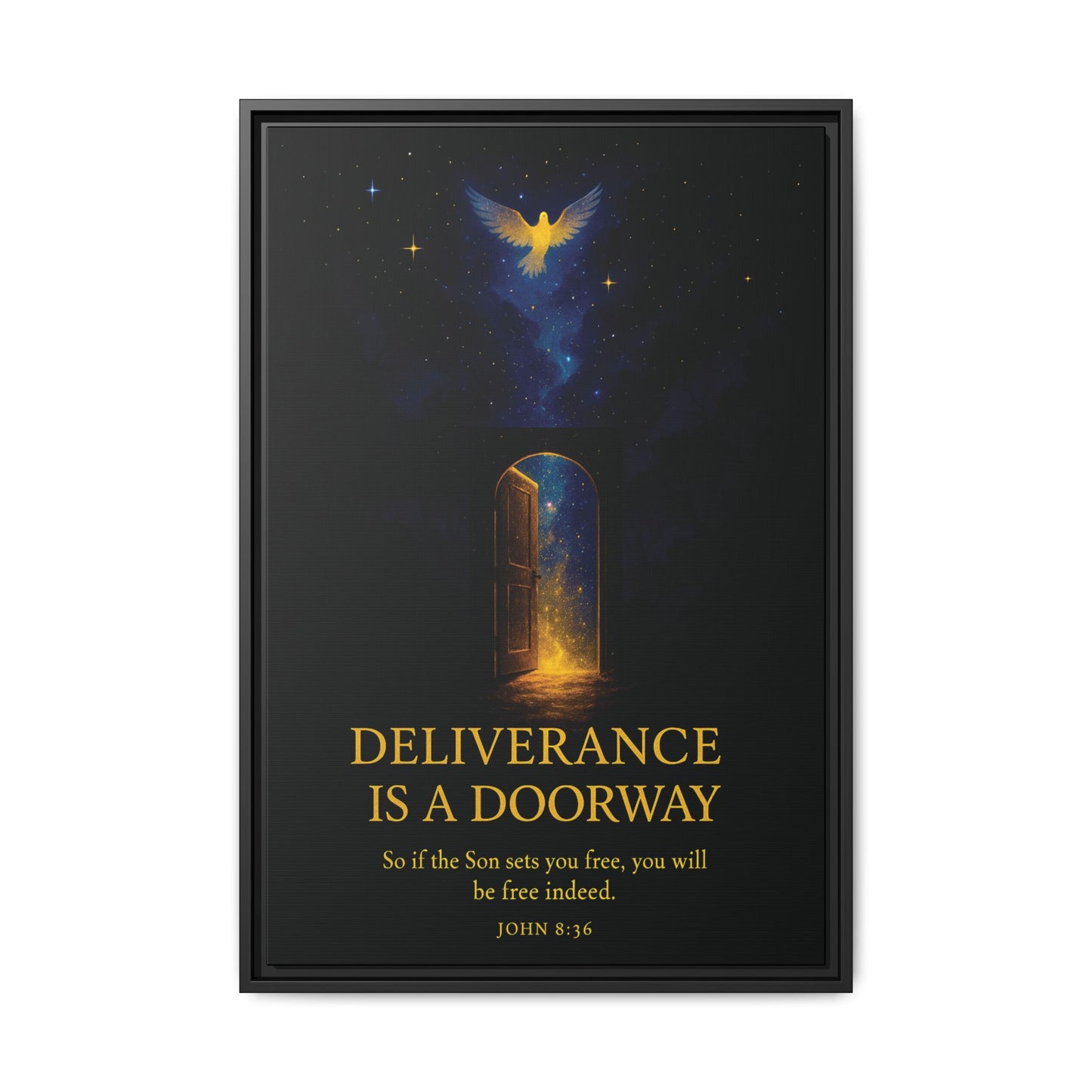 Deliverance Is a Doorway Framed Canvas — Religious Wall Art (John 8:36)