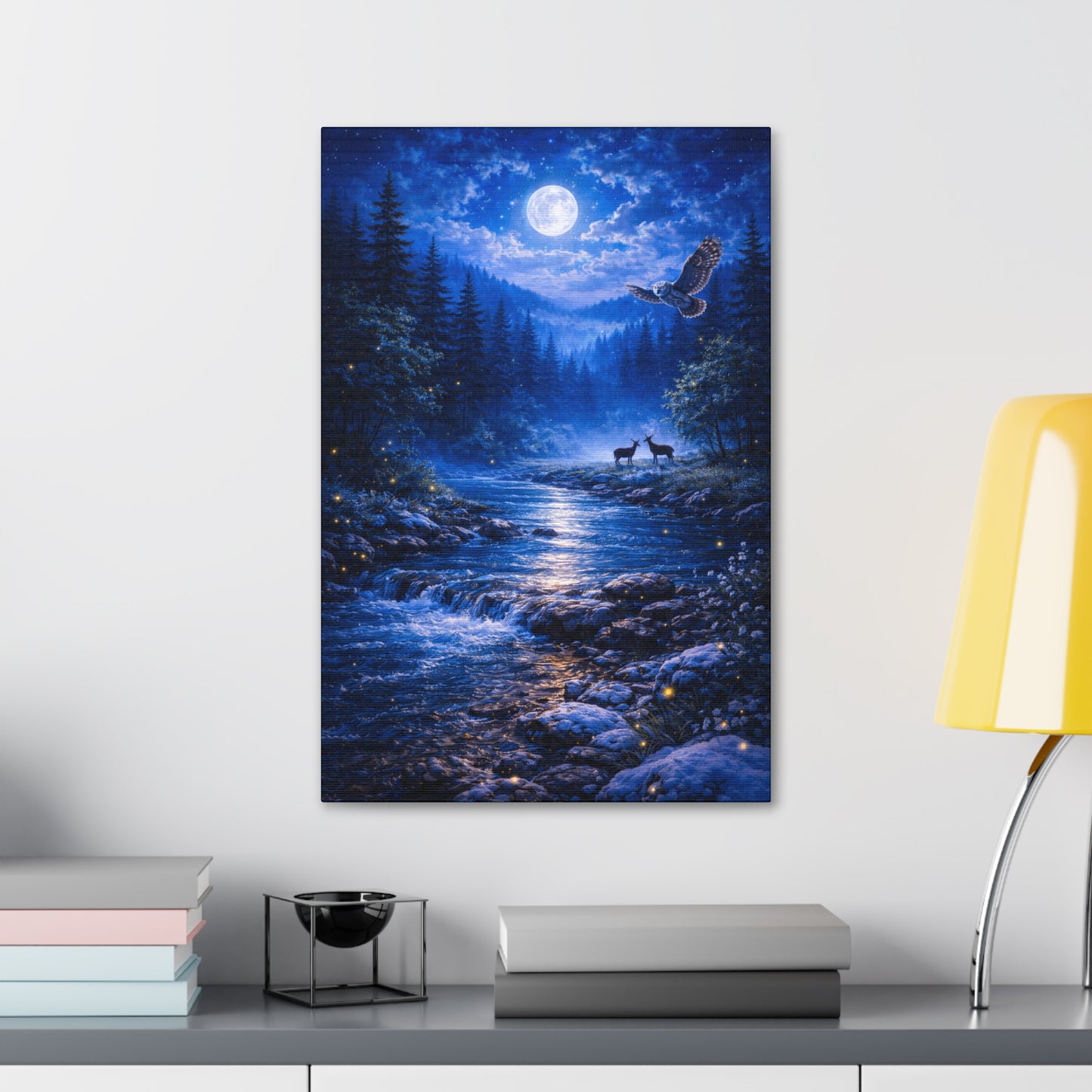 Moonlit Forest Canvas Print – Owl & Deer Night River Wall Art