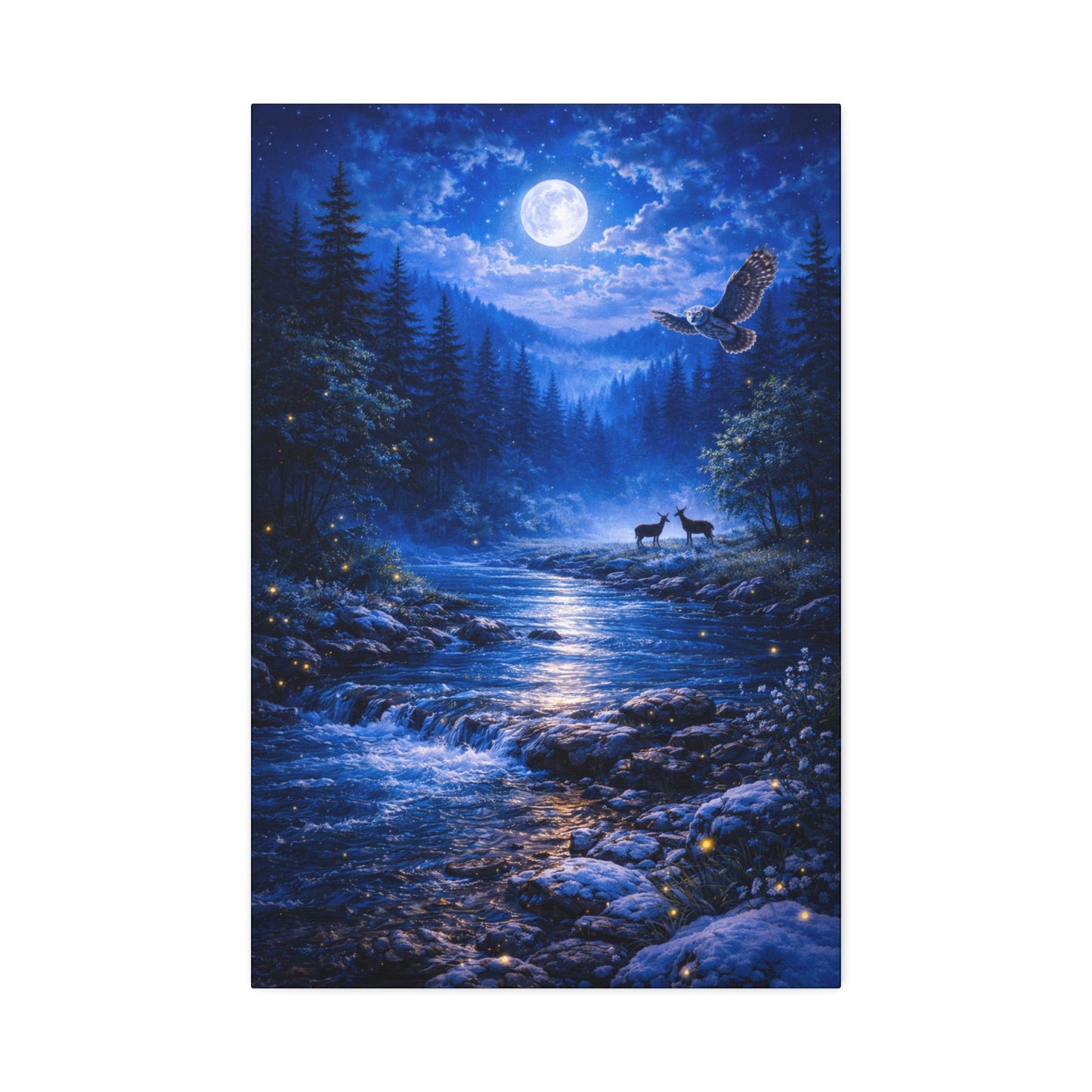 Moonlit Forest Canvas Print – Owl & Deer Night River Wall Art