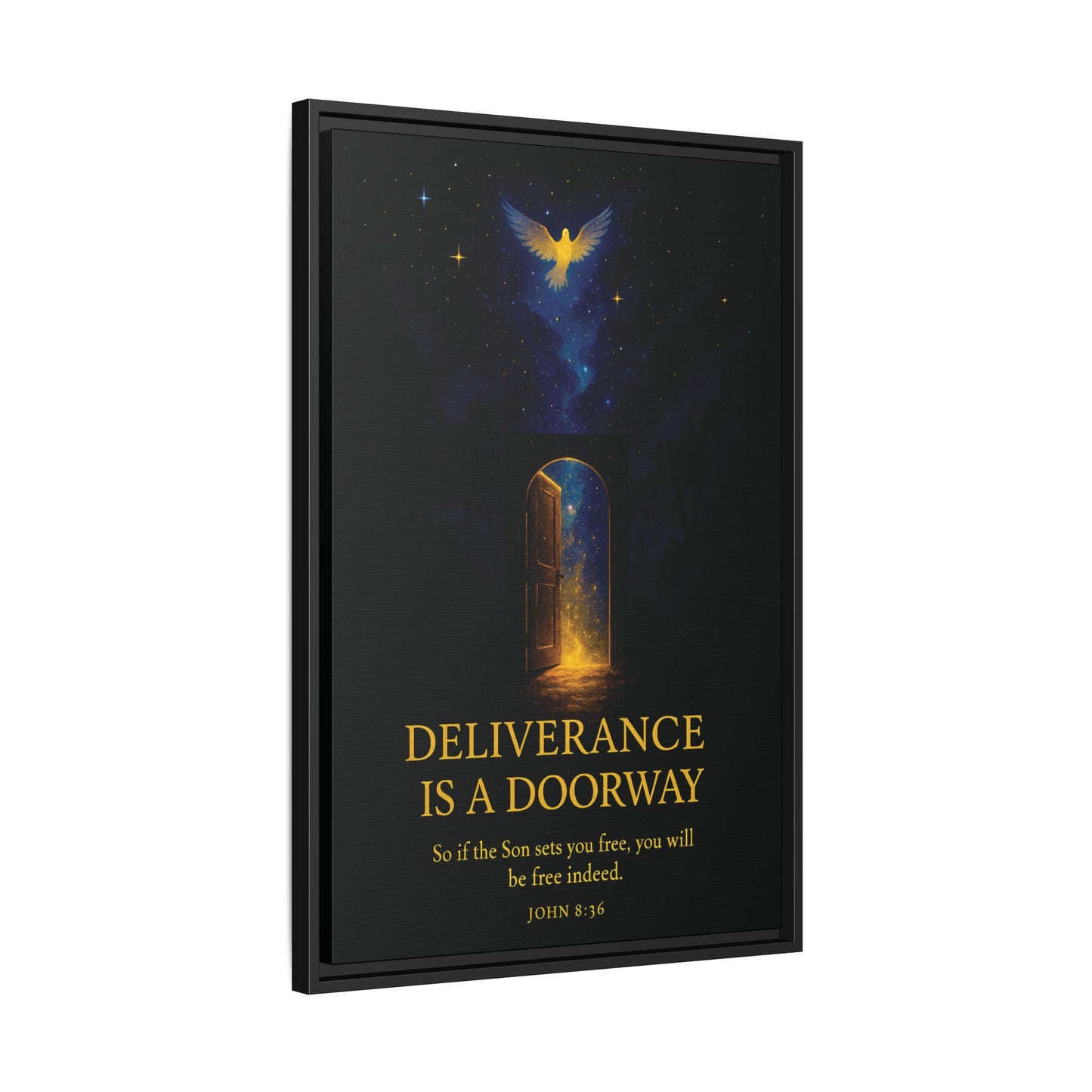 Deliverance Is a Doorway Framed Canvas — Religious Wall Art (John 8:36)