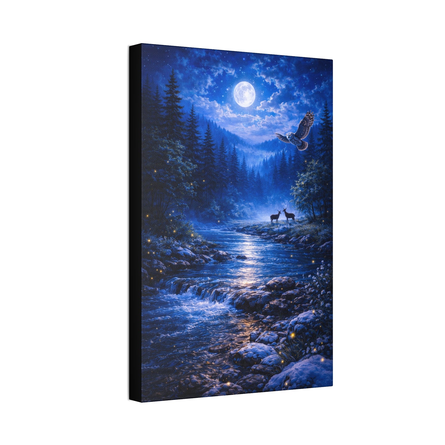Moonlit Forest Canvas Print – Owl & Deer Night River Wall Art