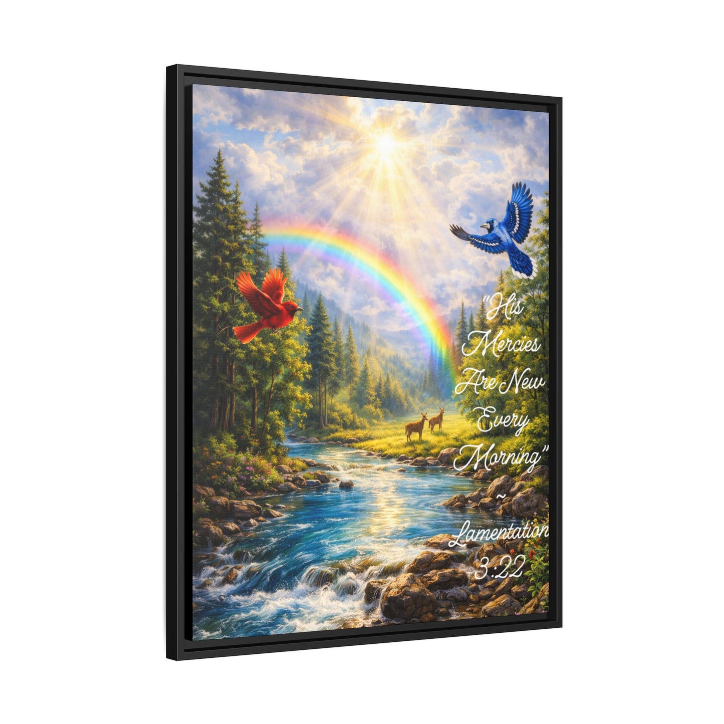 Framed Matte Canvas - 'His Mercies Are New Every Morning' Scenic Rainbow Christian Wall Art (Lamentations 3:22)