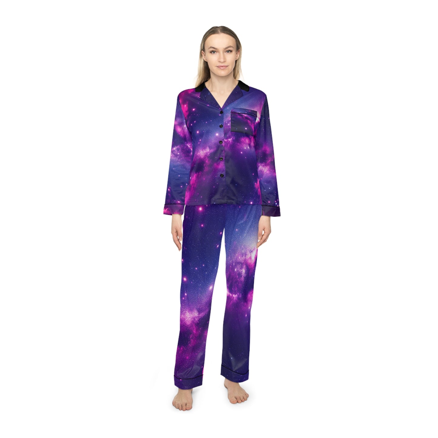 Cosmic Dream Women's Satin Pajamas - Galaxy Print Lounge Set