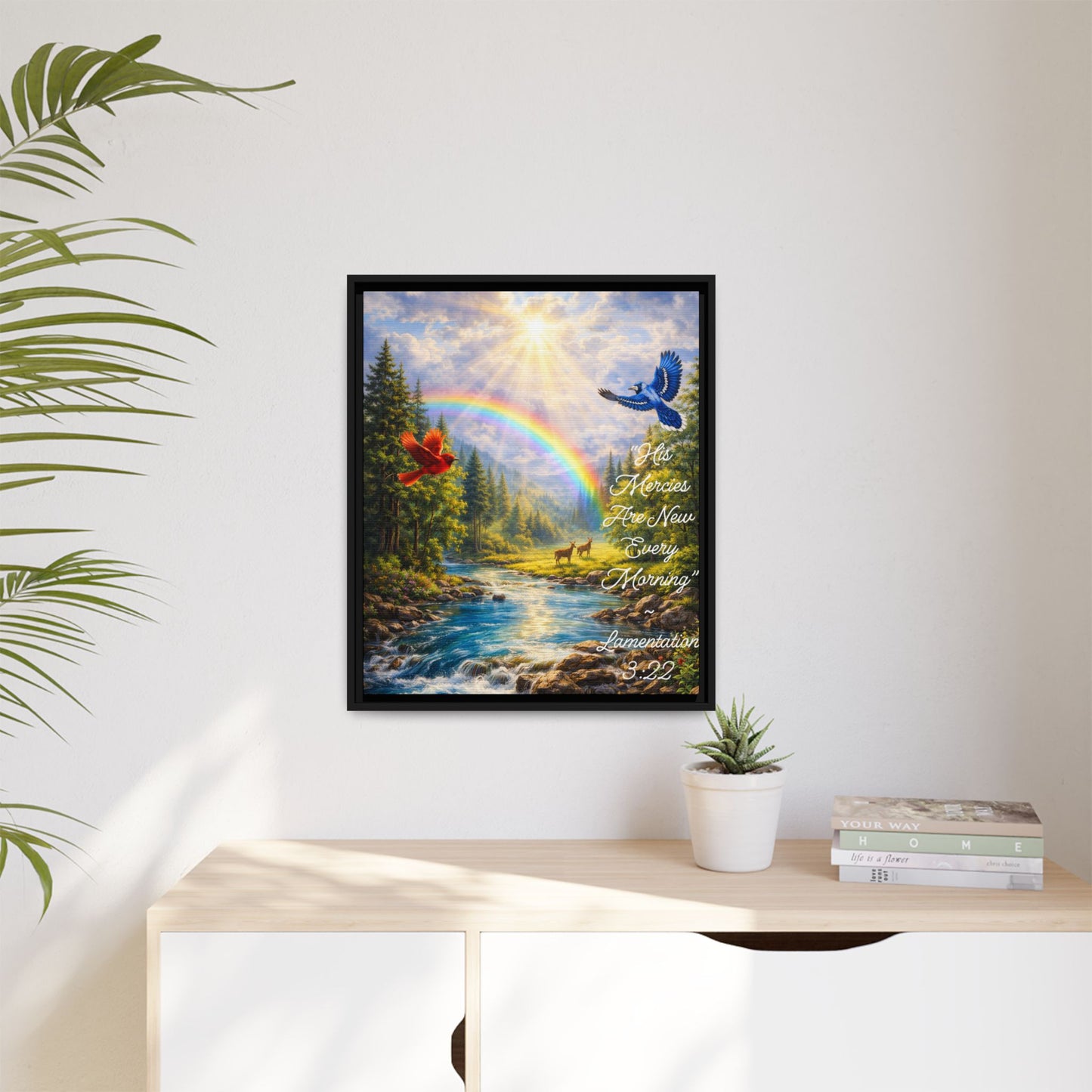 Framed Matte Canvas - 'His Mercies Are New Every Morning' Scenic Rainbow Christian Wall Art (Lamentations 3:22)