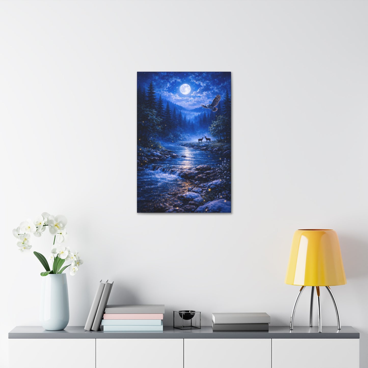 Moonlit Forest Canvas Print – Owl & Deer Night River Wall Art