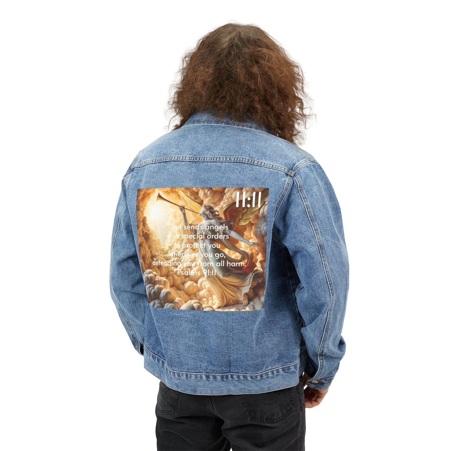 11:11 Inspirational Men's Denim Jacket with Angel Design