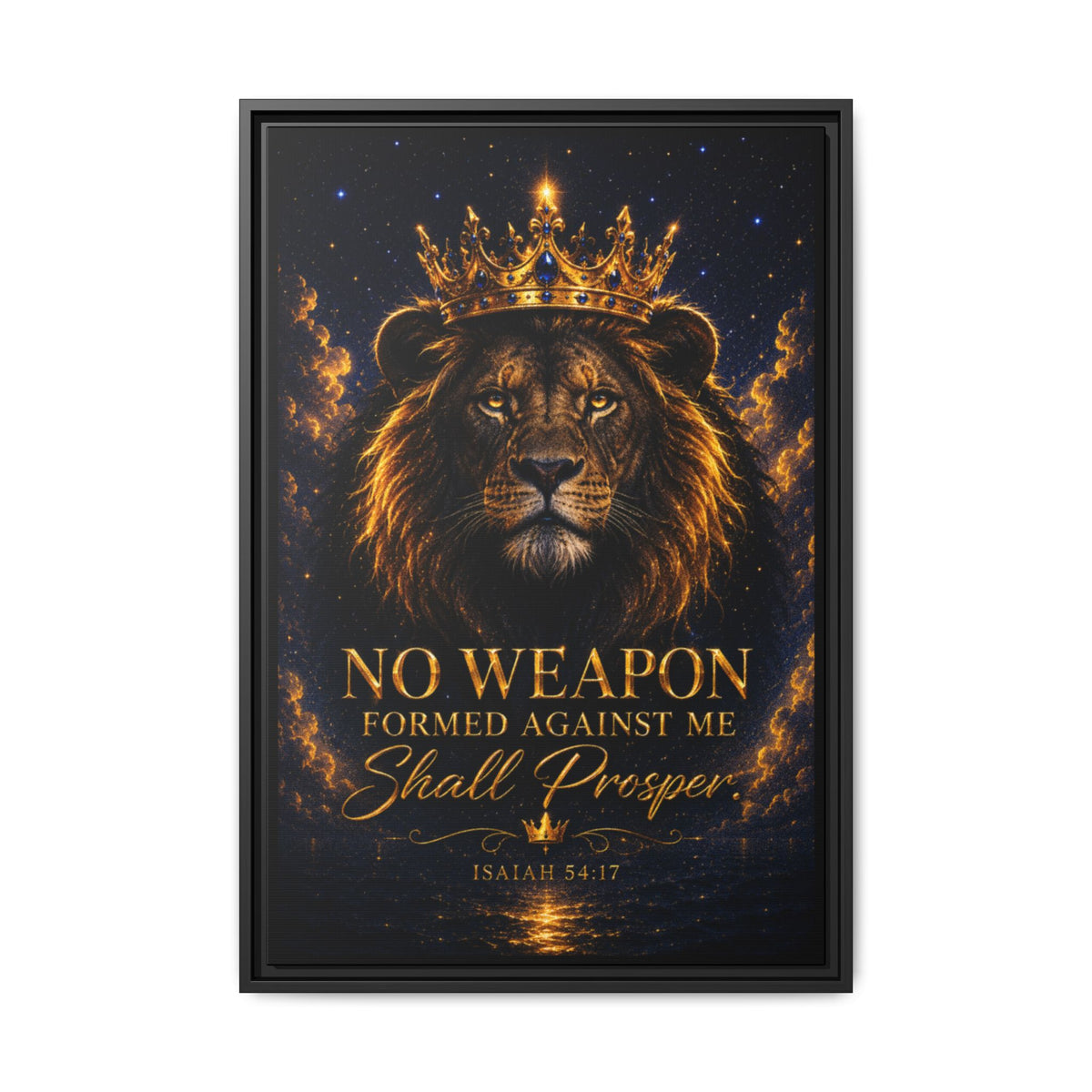 Lion Crown Canvas — “No Weapon Formed Against Me Shall Prosper” Framed Wall Art (Isaiah 54:17)