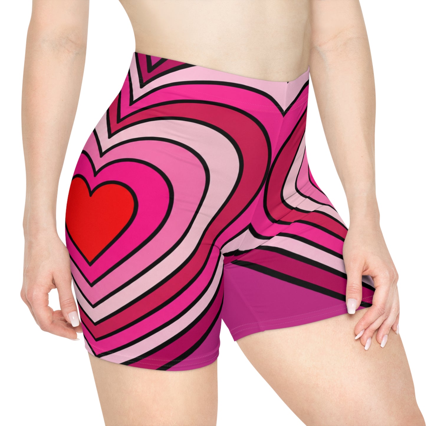 Heart-Striped Pink Biker Shorts — Retro Valentine Activewear