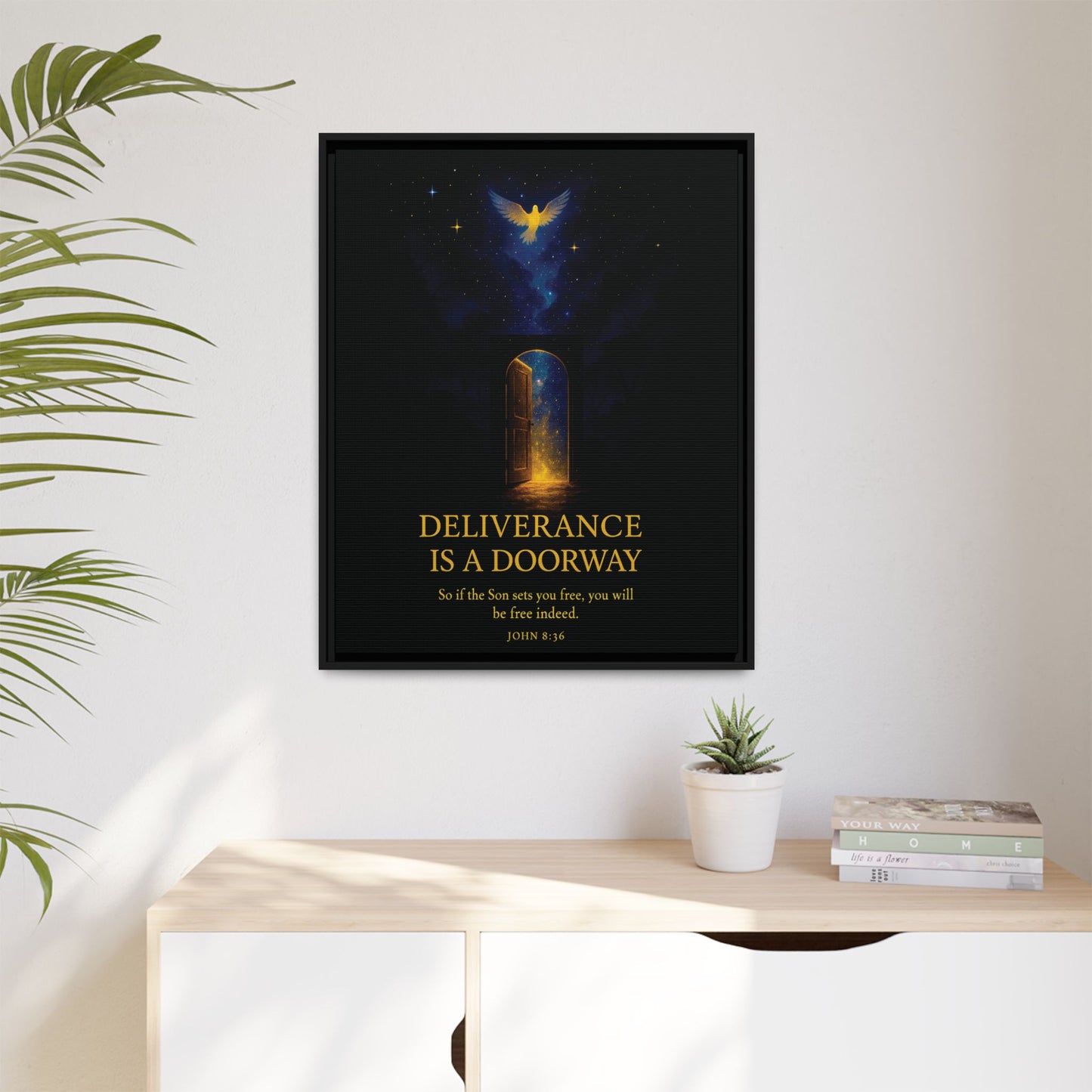 Deliverance Is a Doorway Framed Canvas — Religious Wall Art (John 8:36)